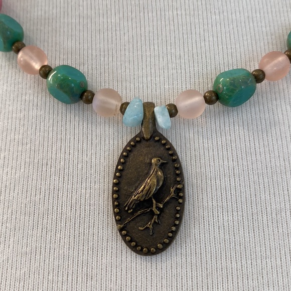 Bronze Bird-on-Branch Pendant -Handmade Beaded Necklace: Hematite, Jasper & more - Picture 10 of 17